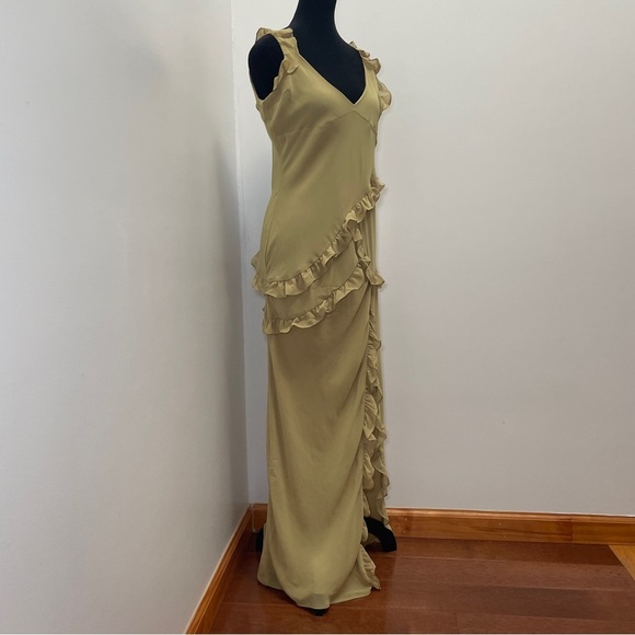 House of CB- PIXIE Olive Ruffle Maxi Dress Size Large Green V Neck Summer - Picture 2 of 15